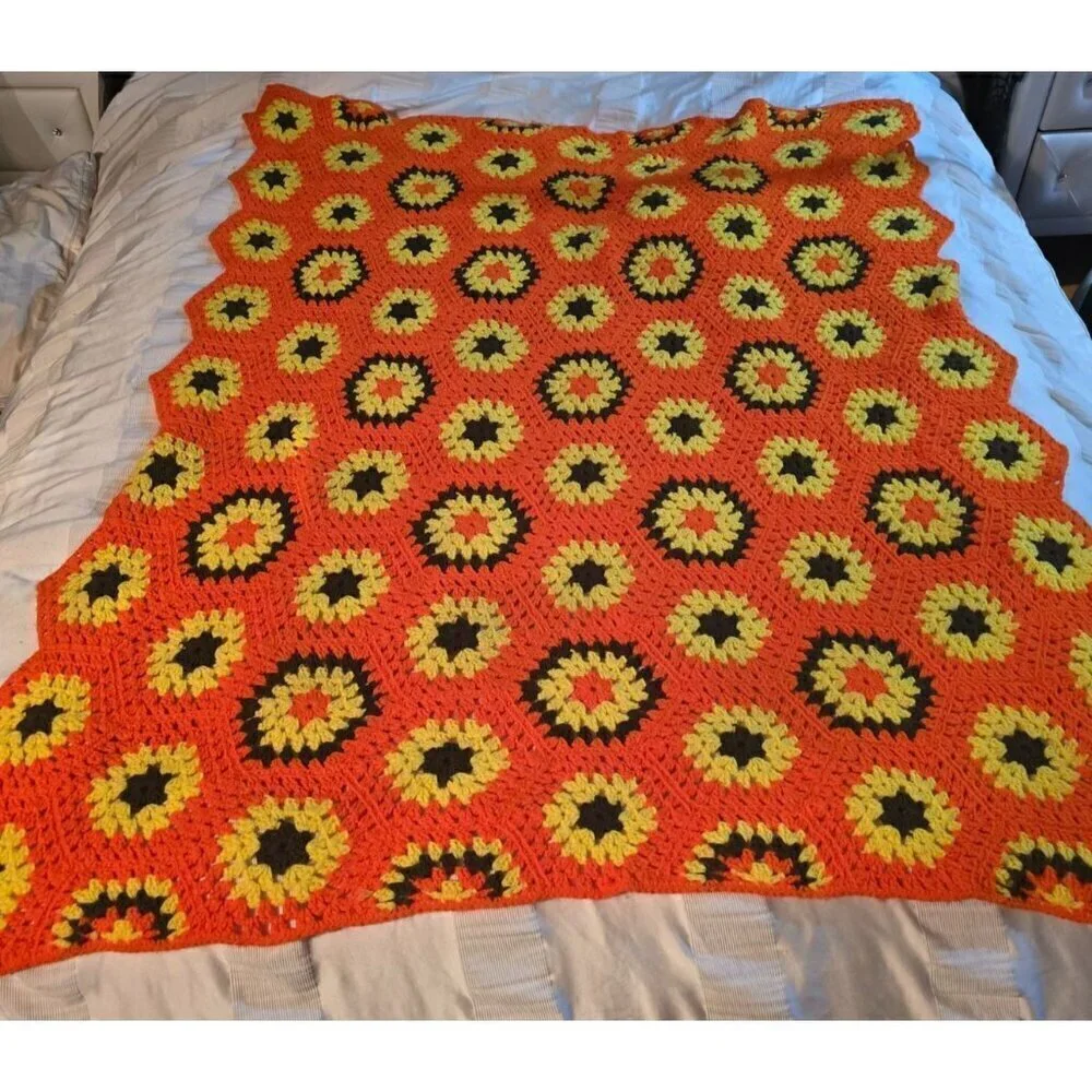 Vintage Handmade Afghan Hexagon Granny Square Crochet Blanket Throw Orange Yello